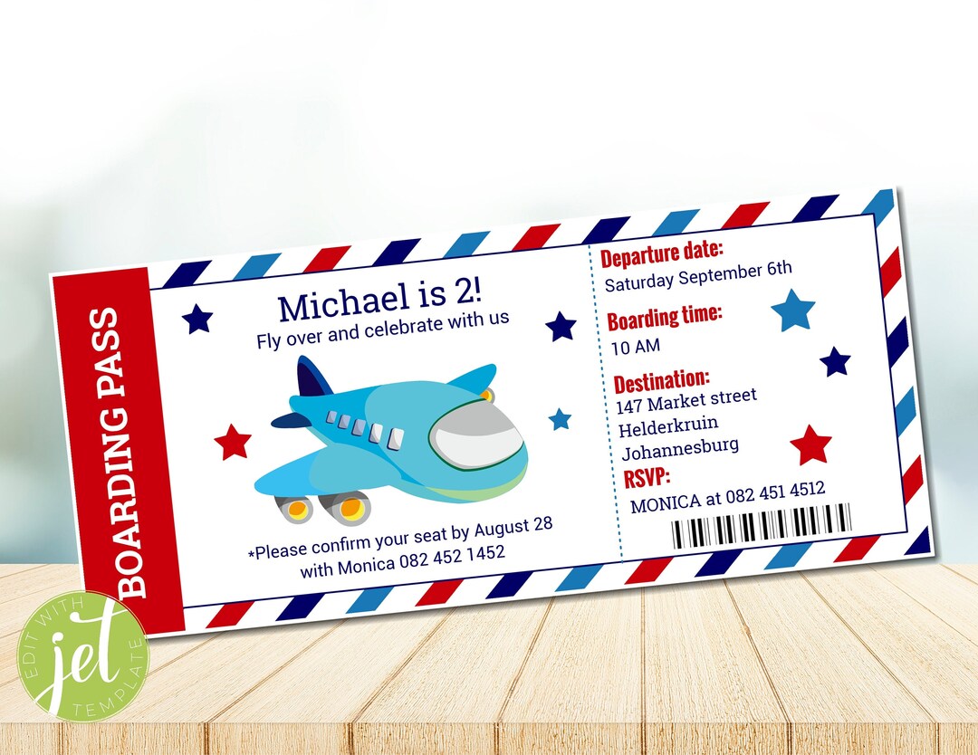 EDITABLE Airplane Boarding Pass Invitation Template, Printable Birthday ...