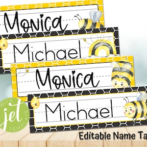 Editable Bee Classroom Name Tags Printable, Bee Theme, Teacher Supply, Classroom Teacher Decorations and Supplies, Bee Name SignMV1705