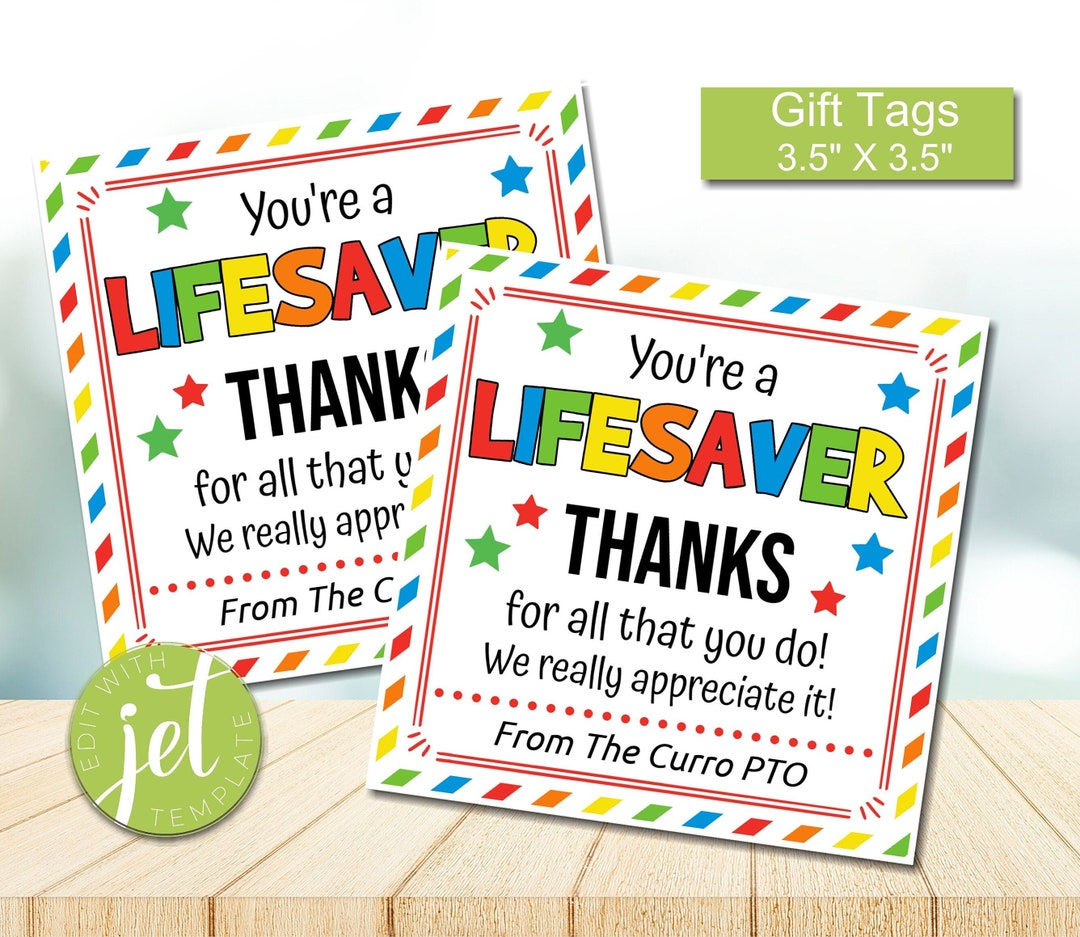 Editable Lifesaver Thank You Gift Tags, Appreciation Gift Tags, Teacher ...
