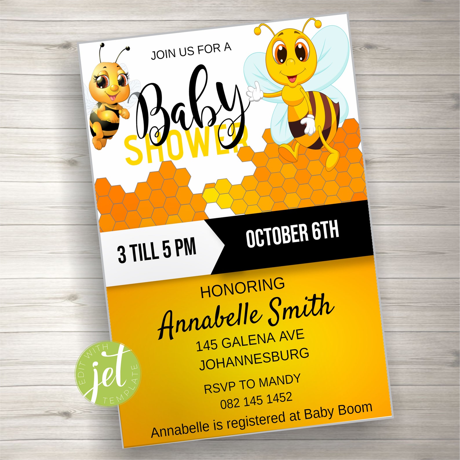 Editable Bee Baby Shower Invitation Printable Baby Shower | Etsy