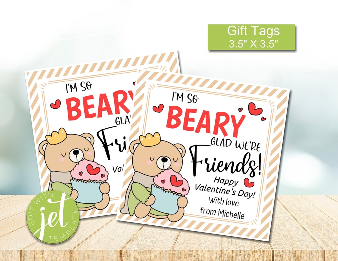 Editable I'm so Beary Glad We're Friends, Printable Class Valentine's ...