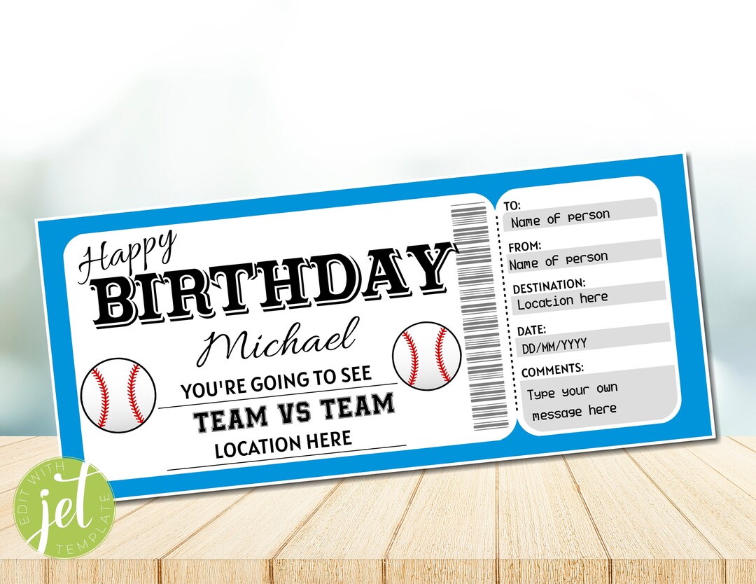 Editable Baseball Game Ticket Birthday Gift, Surprise Ticket to a