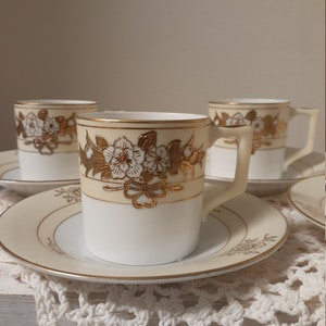 Vintage Hand Painted Japanese Chikaramachi Demitasse Cups and Saucers - Set of Four -  Ivory With Gold Flowers