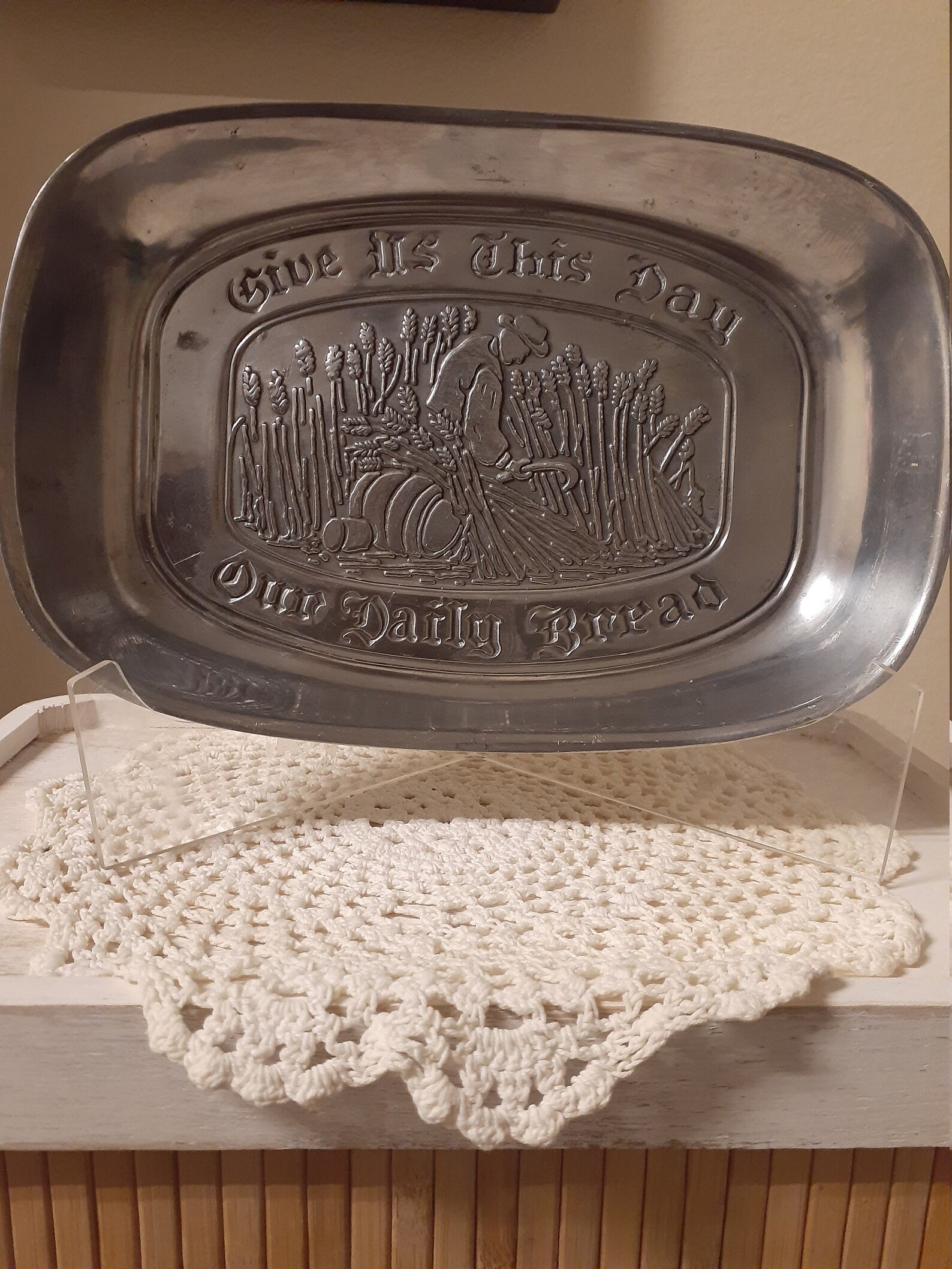 Vintage Pewter Give Us This Day Our Daily Bread Tray Etsy