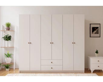 Armadio bianco moderno - Armadio a 6 ante e 2 ruote - Armadio per camera da letto - Mobili minimalisti - Armadio di grande capacità