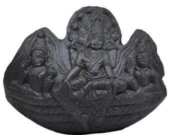 Vishnu with Sridevi Idol / Murti (204-238gms) hand carved on Natural Sudershan Shaligram Shila from Gandaki Nepal