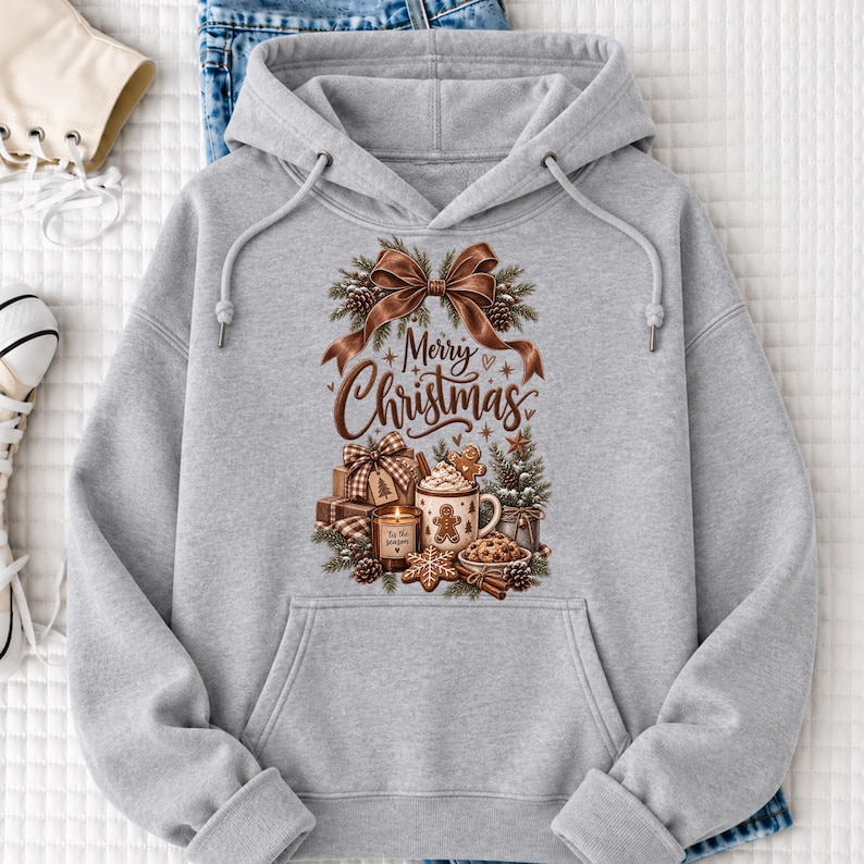 A gray hoodie with a graphic design featuring a Christmas tree, presents, and a bow, along with the text "Merry Christmas" printed on it.