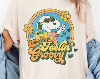 Camiseta con estampado de dibujos animados "Feelin Groovy", camiseta retro "Groovy", camiseta con estampado de dibujos animados "Funky", camiseta estilo vintage de los 70, camiseta "Smiley Groovy".