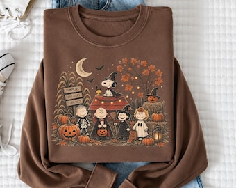 Vintage Halloween Cartoon Friends Sweatshirt, Cute Fall Pumpkin Patch Crewneck, Cozy Spooky Season Shirt, Trick or Treat Autumn Gift