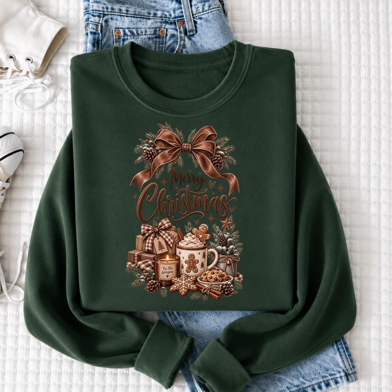 A green sweatshirt with a Christmas-themed design, including a bow, pine cones, and a mug with a candle, is displayed on a white surface.
