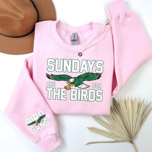 May include: A light pink sweatshirt with the text "SUNDAYS ARE FOR THE BIRDS" in green and white. The sweatshirt features a green and white eagle graphic. The left sleeve has the text "BIRD GANG" with an eagle graphic.