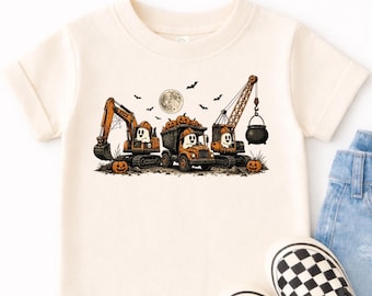 Construction Halloween Shirt for Kids, Ghost Excavator Dump Truck Crane Tee, Toddler Spooky Construction Truck Shirt, Fall Gift