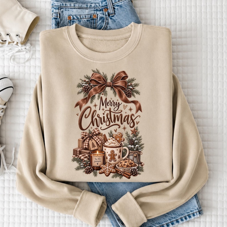 A beige sweatshirt with a Christmas-themed design, including a bow, pine cones, gingerbread cookies, and a mug with a "Merry Christmas" message.