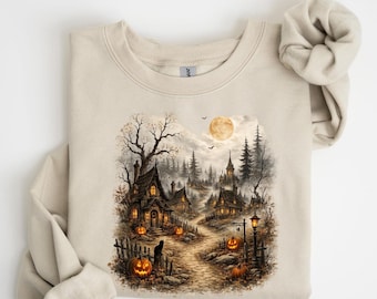Spooky Halloween Village Sweatshirt, Vintage Halloween Crewneck, Gothic Pumpkin Fall Sweatshirt, Cozy Autumn Shirt