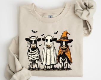 Halloween Cow Shirt, Spooky Farm Animal Tee, Ghost Cow Sweatshirt, Cute Witch Cow Halloween Shirt