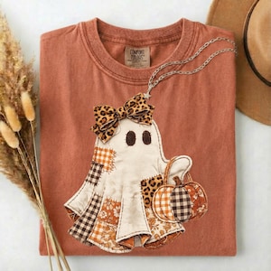 Comfort Colors® Faux Patchwork Ghost Shirt, Coquette Halloween Ghost Tee, Cute Fall Pumpkin Ghost Tshirt, Spooky Season Shirt