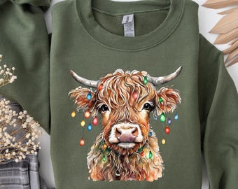 Christmas Cow Lights Sweatshirt: Highland Cow Crewneck, Farm Xmas
