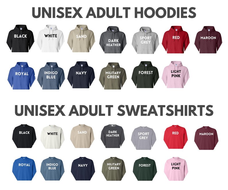 a collection of unisex adult hoodies and sweatshirts in various colors and styles, arranged in two rows.