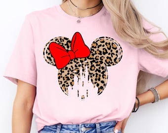 Leopard Minnie Mouse Shirt with Red Bow – Cute Disney Graphic Tee for Women & Girls – Animal Print Disney Shirt – Minnie Leopard Print Tee