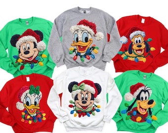 Faux Yarn Mickey or Minnie Friends Christmas Sweatshirt, Knit Look Holiday Sweatshirt, Cozy Crochet, Cute Holiday Matching Family Top