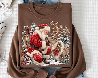 Vintage Santa Reindeer Christmas Hoodie, Rustic Christmas Sweatshirt, Woodland Holiday Shirt, Cozy Winter Santa Gift for Women