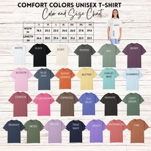 The image is a color and size chart for a unisex t-shirt, displaying various color options and corresponding sizes.