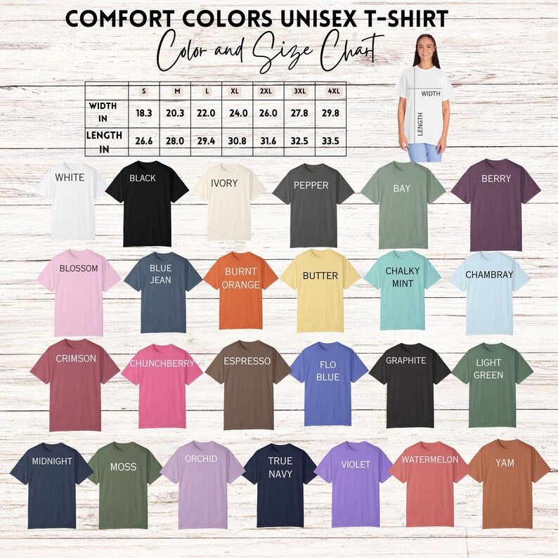 The image is a color and size chart for a unisex t-shirt, displaying various color options and corresponding sizes.
