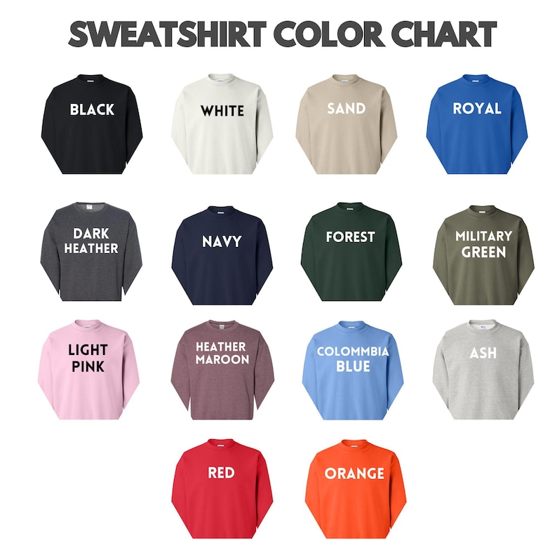 a color chart with various colored sweatshirt shirts, each labeled with a different color.