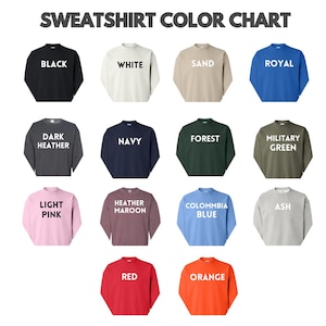 a color chart with various colored sweatshirt shirts, each labeled with a different color.