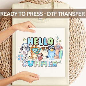 Hello Summer Blue Dog DTF Transfer for Kids Shirt DIY Iron On Decal Cute Cartoon Heat Press Design Ready to Press DTF Sheet