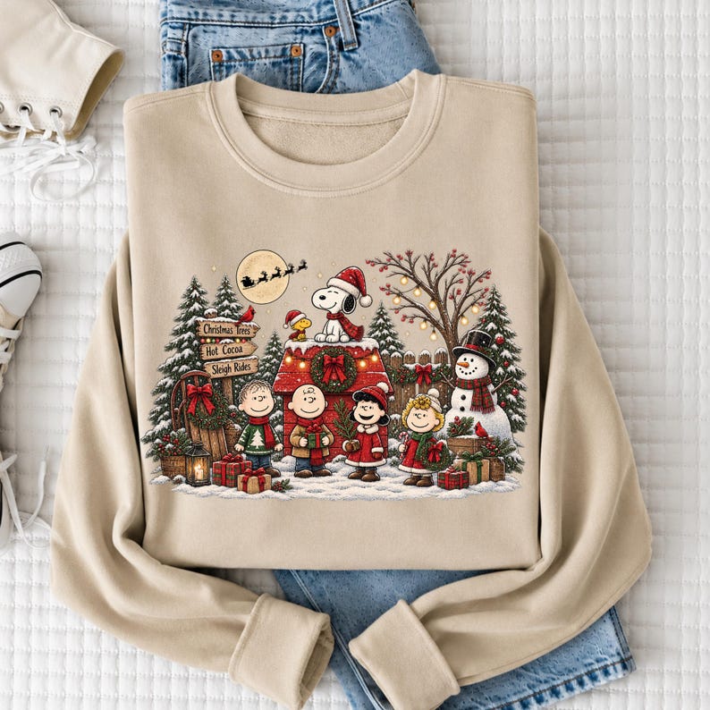 A beige sweatshirt with a Christmas-themed design featuring characters from the Peanuts cartoon, including Snoopy, Charlie Brown, and Woodstock, along with a snowy winter scene.