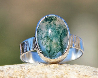 Handmade Oval Moss Agate Ring: 925 Sterling Silver Statement Ring