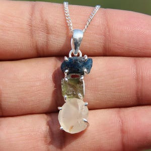 Raw Moldavite & Libyan Glass and Apatite Pendant , Real Moldavite Silver Jewelry , Libyan Crystal Jewelry , Apatite Gemstone Ring