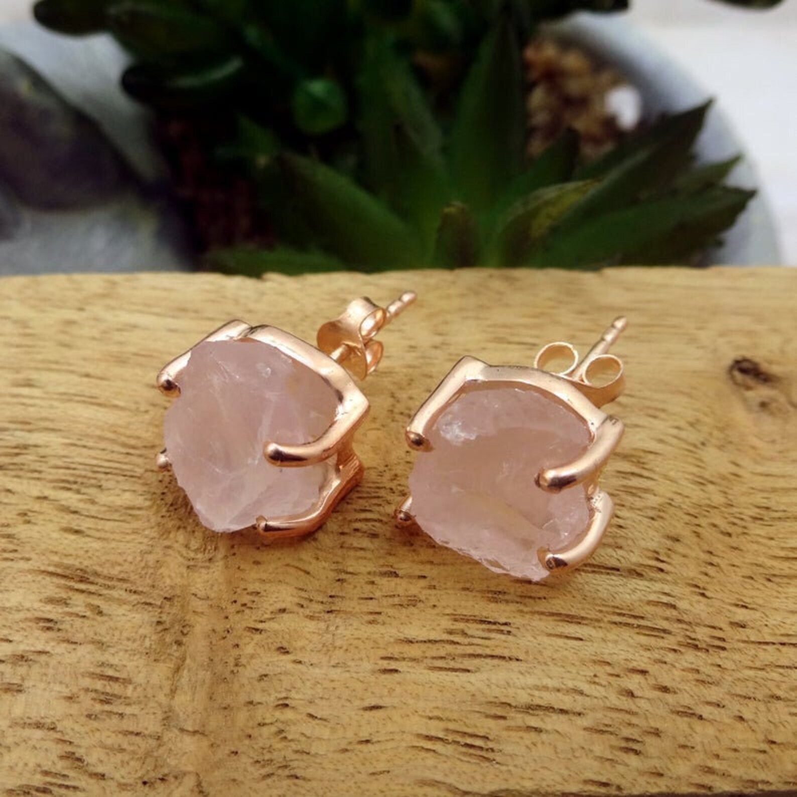 Raw Stud Earrings Pink Stone Silver Studs Pink Etsy