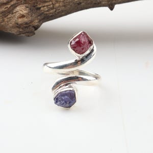 Raw Ruby Tanzanite Bypass Ring – Sterling Silver Toi et Moi Wrap Jewelry