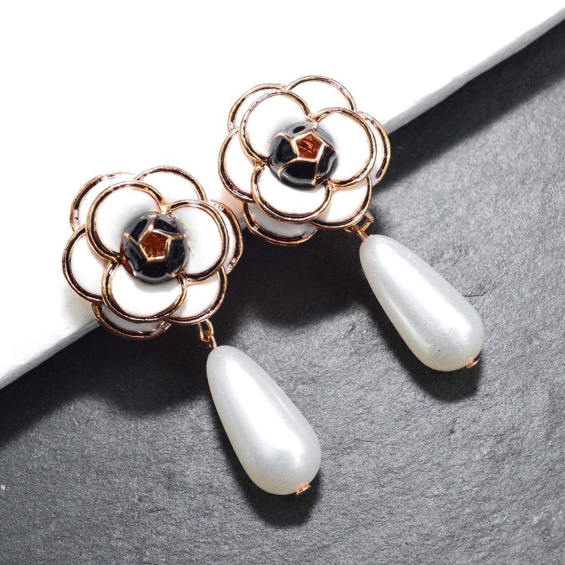 Camellia Flower Earrings White Black Gold Flower Ear Stud