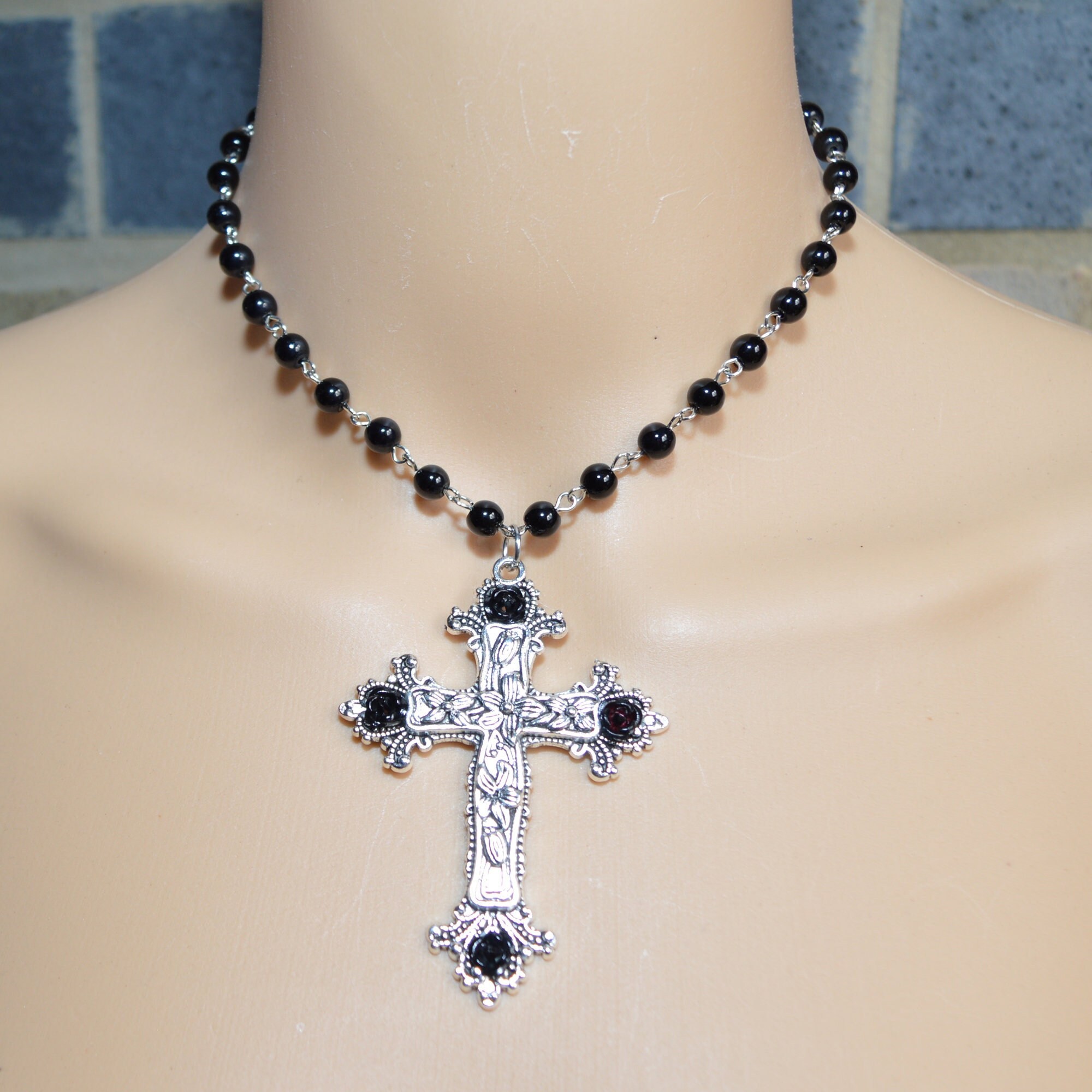 Gothic Cross Pendant Necklace Black 