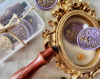 Wax seal head and handle with self adhesive stamps in a plastic case -Mountains under the moon-