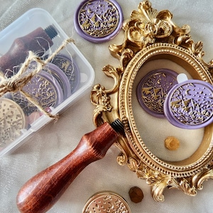 Wax seal head and handle with self adhesive stamps in a plastic case -Mountains under the moon-