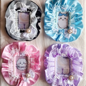 Fancy ribbon decorated toploader for photo card/mini polaroid with card sleeve and ball chain