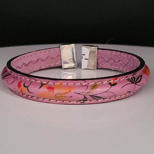Design Stitched Mini Regaliz Leather Cuff- Flowers and Solid Wire Core Cuffs - Antique Silver Teardrop Ends - Stackable Cuffs