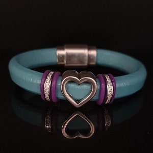 Glans Turquoise - Roze -Turquoise Leren Armband Zilver - Goud - Rose Goud Open Hart Slides - Regaliz Leren Armband