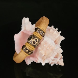 Metallic Gold Leather Bracelet - Regaliz - Antique Brass Focal and Slides - Magnetic Clasp - Rubber Rings