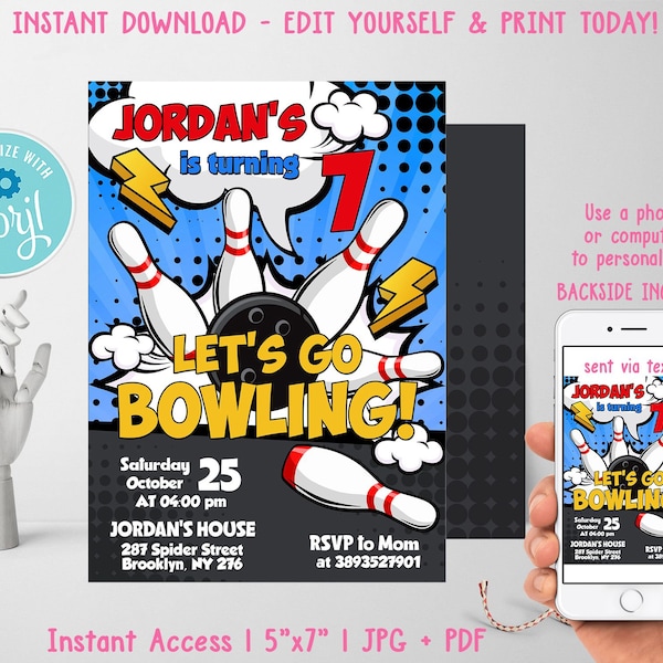 Editable Bowling Birthday Invitation, Bowling Party Invitation, Let's Go Bowling Invite, Digital Corjl