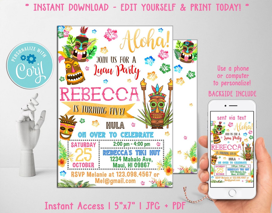 Editable Hawaiian Invitation, Hawaiian Tiki Birthday Invitation, Luau