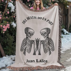 Till Death Do Us Part Blanket, Skeleton Couple Gift, Gothic Anniversary Keepsake, Personalized Heirloom Woven Throw Blanket
