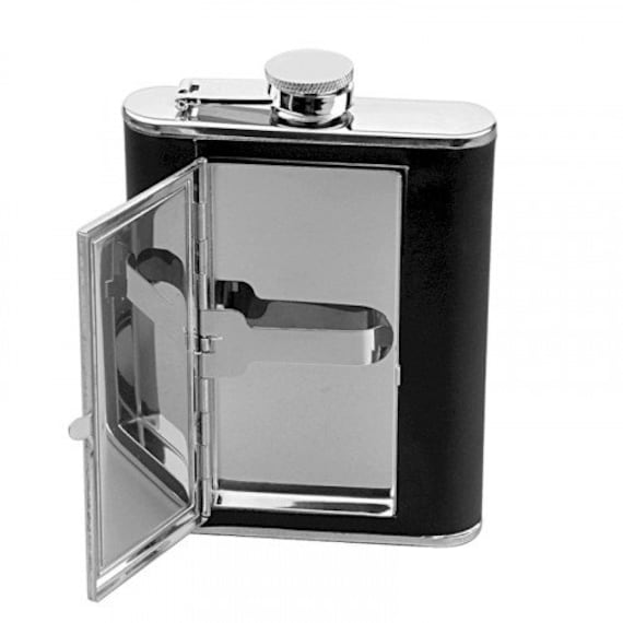 6oz Black Leather Cigarette Hip Flask W/Funnel