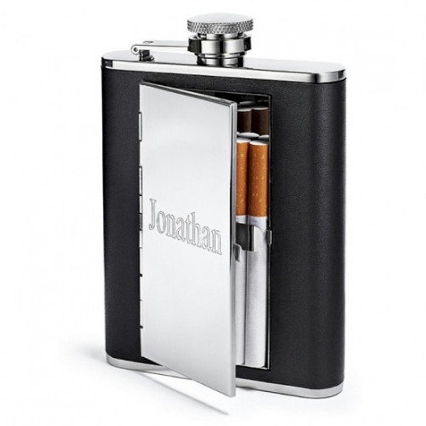 6oz Black Leather Cigarette Hip Flask W/Funnel - PERFECT GROOMSMAN GIFT!