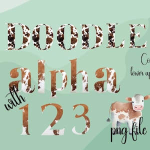 Cow print doodle alphabet, PNG files, Make your own name, Alpha doodle bundle, alphabet number doodle set