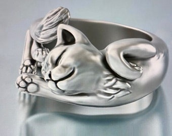 Sleeping Cat Ring, Two Charming cute Cat Ring,, Silver plated Cat Rings, 2 Cat Rings for one price, Cat Statement Ring Fashion Cat Ring